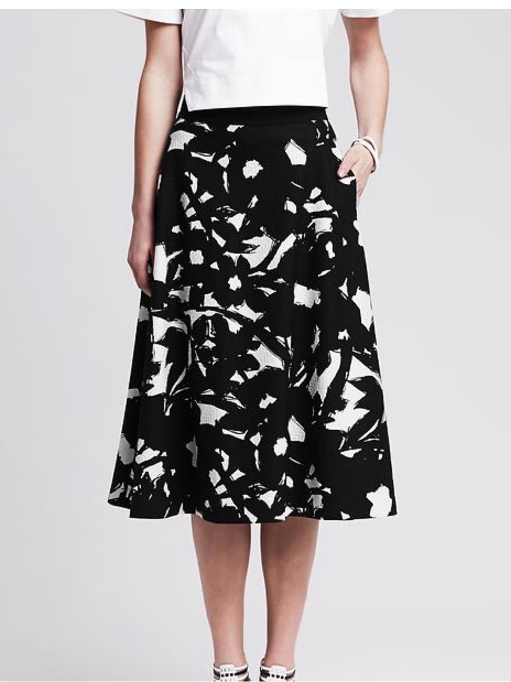 Banana Republic Black & White Midi Skirt with Abstract Print